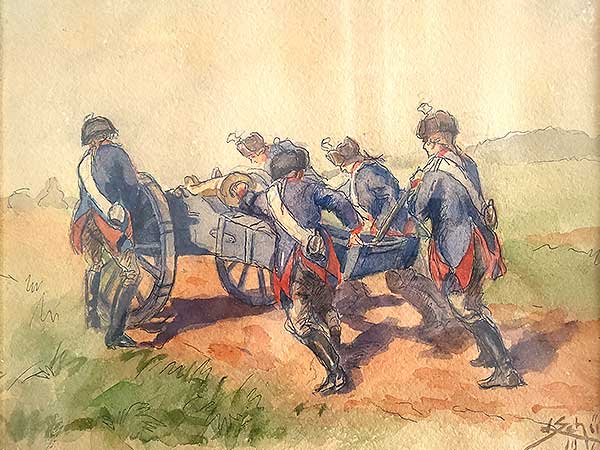 Soldaten schieben eine Kanone